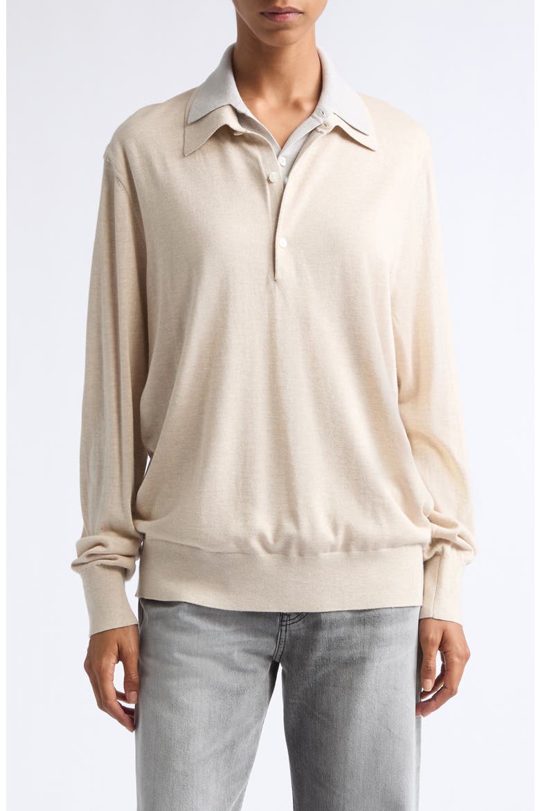 Koyat Layered Silk, Wool & Cashmere Polo Sweater, Main, color, BEIGE/ GREY
