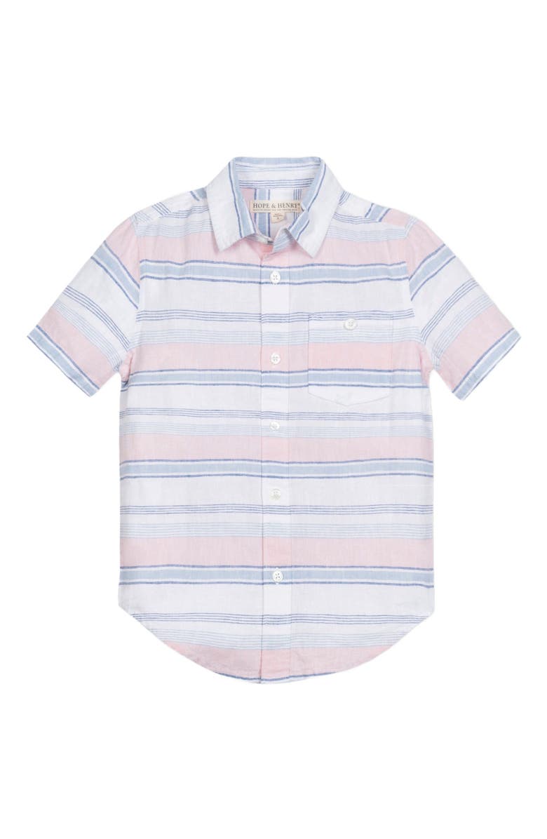 Hope & Henry Baby Boys' Linen Short Sleeve Button Down Shirt, Infant, Alternate, color, English Variegated Stripe