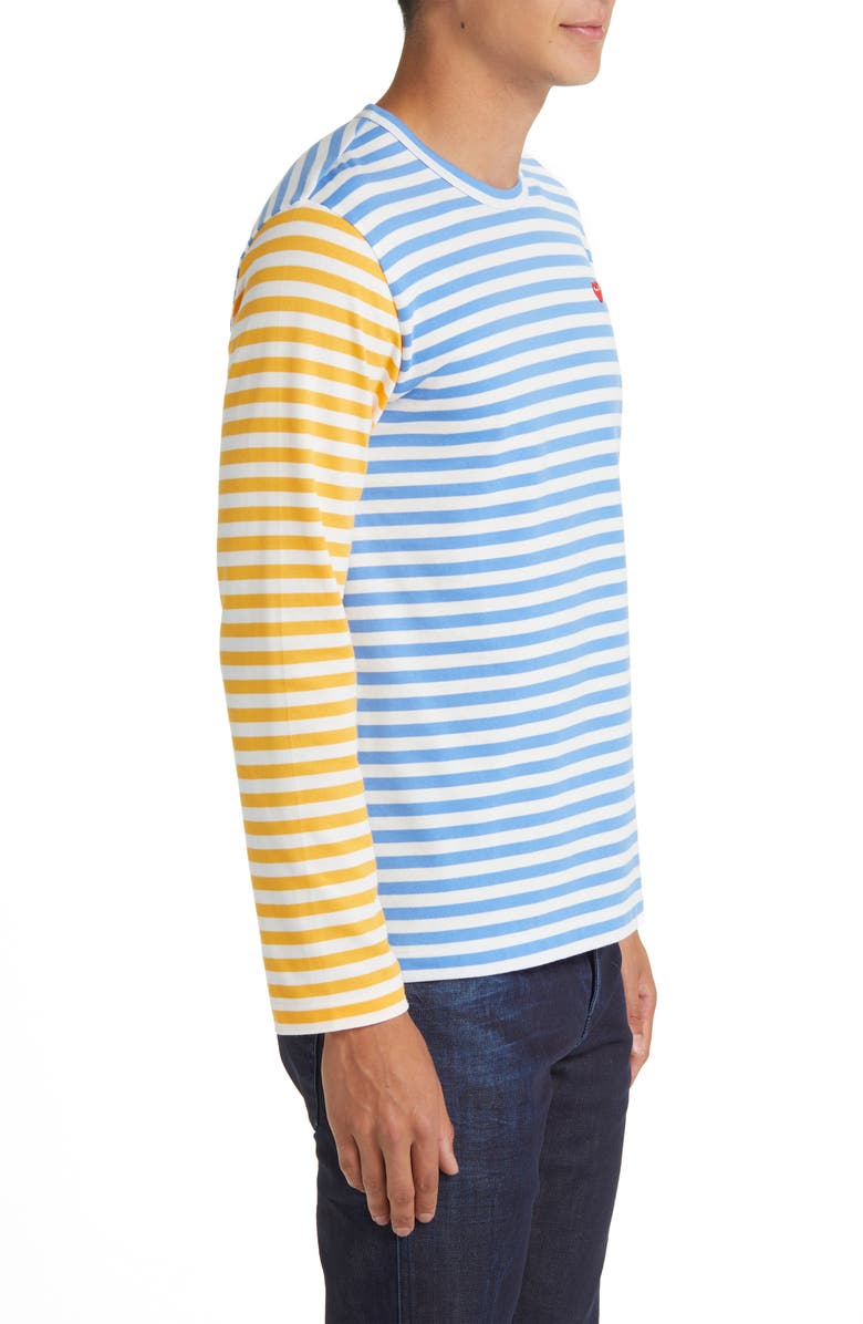 Comme des Garçons PLAY Small Heart Stripe Colorblock Long Sleeve T-Shirt, Alternate, color, Blue/ Yellow