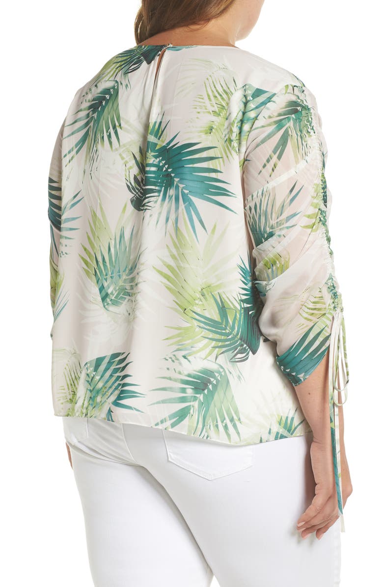 Vince Camuto Drawstring Sleeve Sunlit Palm Print Top, Alternate, color,