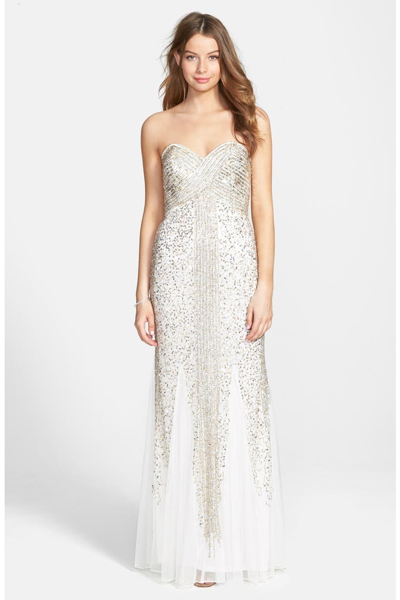 Sequin Mesh Strapless Gown, Main, color, IVORY/ GOLD