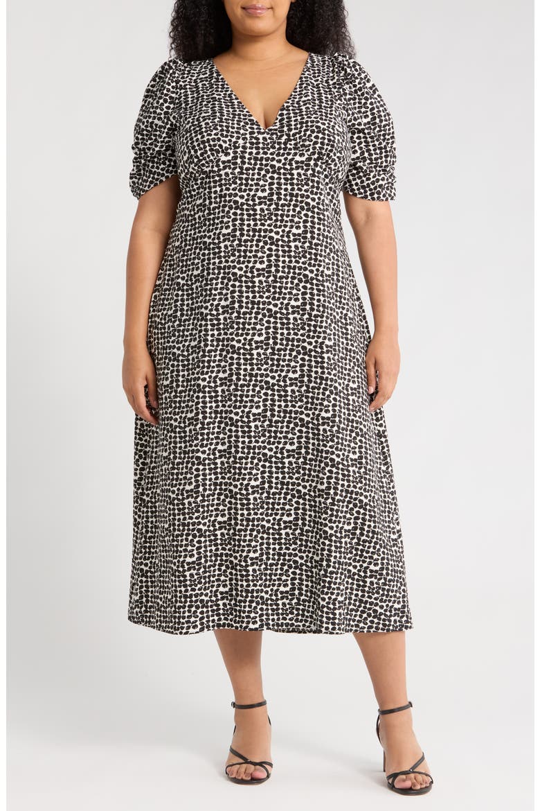 Floral V-Neck Midi Dress, Main, color, BLACK