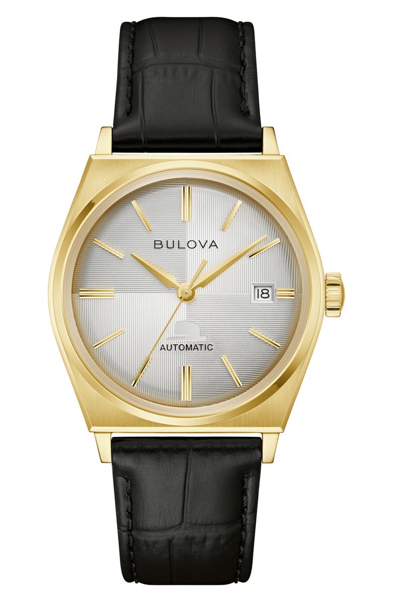 BULOVA Frank Sinatra 'Nothing but the Best' Automatic Leather Strap Watch, 37mm, Main, color, Black
