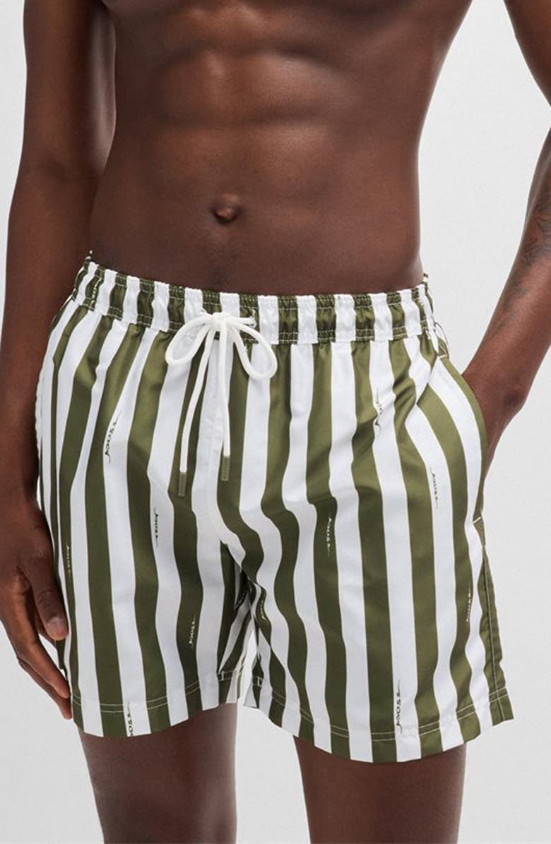 BOSS Teo Stripe Swim Trunks, Main, color, White/ Green