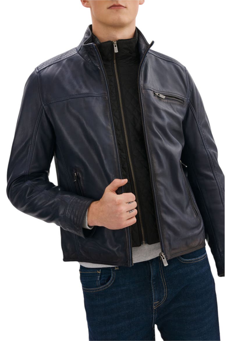 Lambskin Leather Jacket, Alternate, color, NAVY