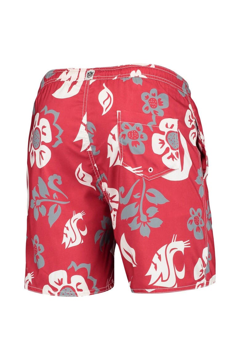 Men's Wes & Willy Crimson Washington State Cougars Floral Volley Logo Swim Trunks, Alternate, color, Crimson