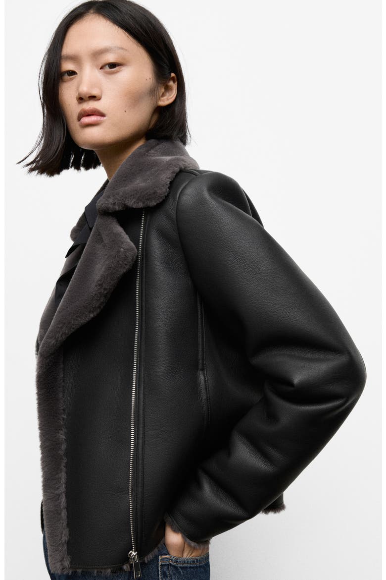 Faux Fur Collar Faux Leather Biker Jacket, Alternate, color, BLACK
