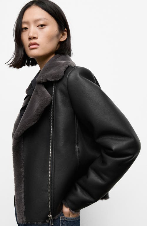 Mango Faux Leather Moto Jacket With Faux Fur Lining In Black