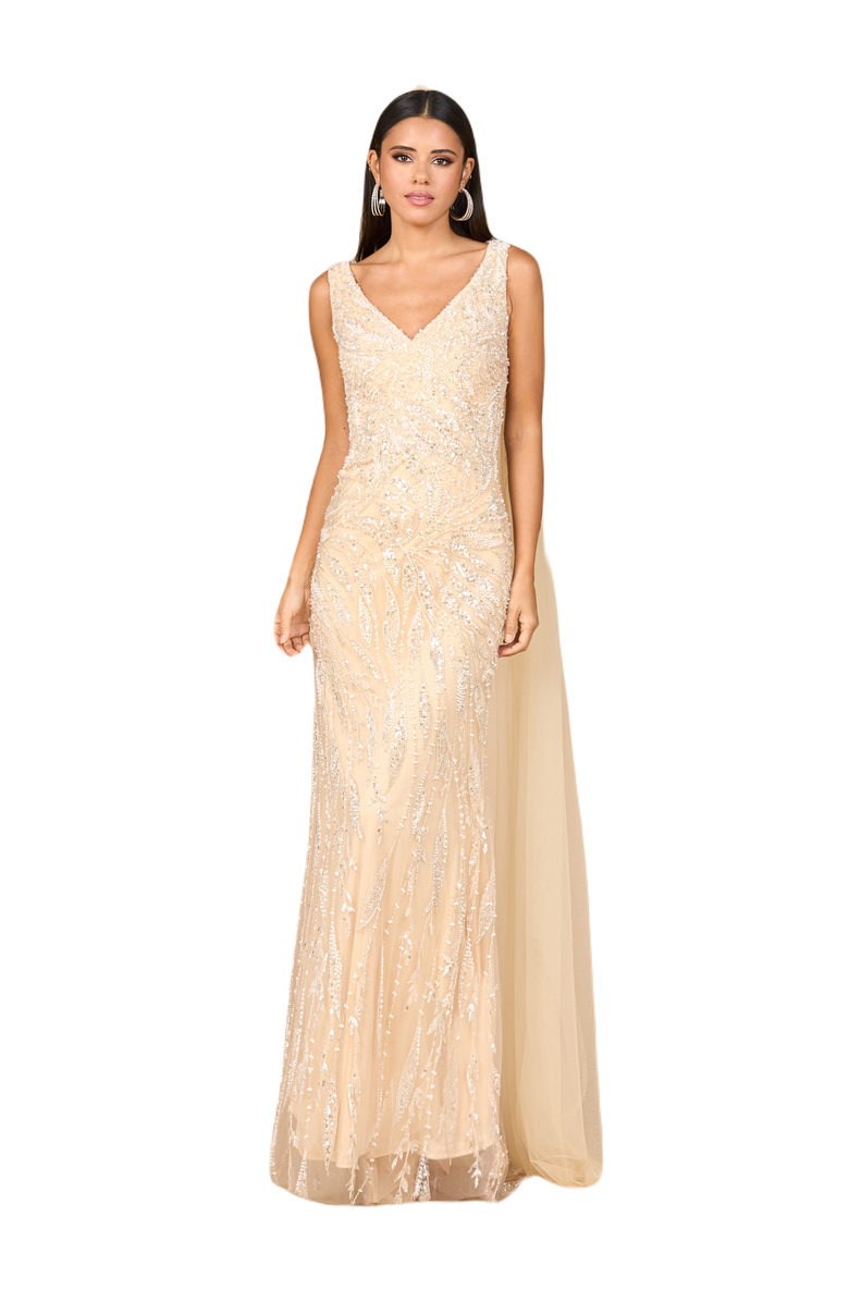 LARA New York V-Neck Gown with Long Cape Sleeves, Main, color, Champagne