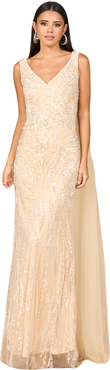 LARA New York V-Neck Gown with Long Cape Sleeves
