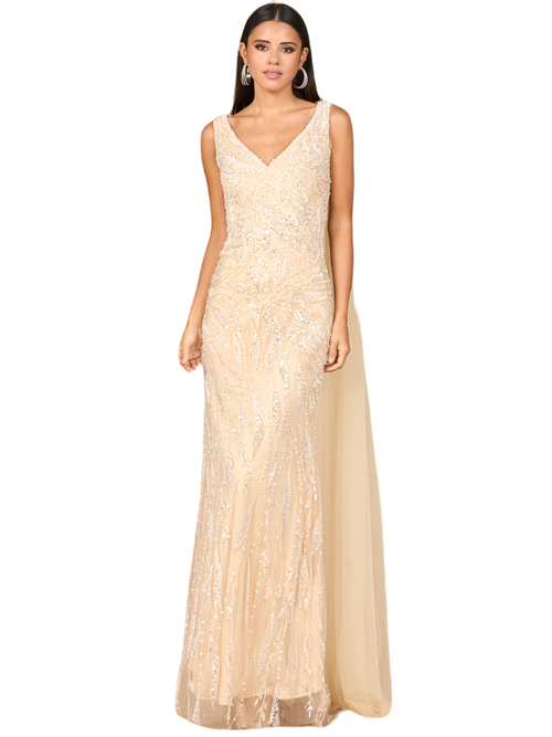 Lara New York V-neck Gown With Long Cape Sleeves In Gold