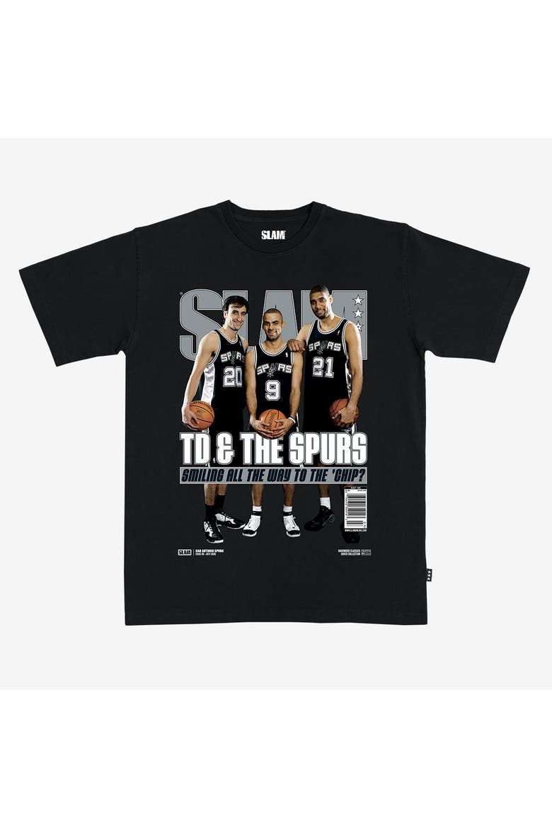 Unisex SLAM Tim Duncan, Manu Ginobili & Tony Parker Black San Antonio Spurs Hardwood Classics Cover T-Shirt, Main, color, Black