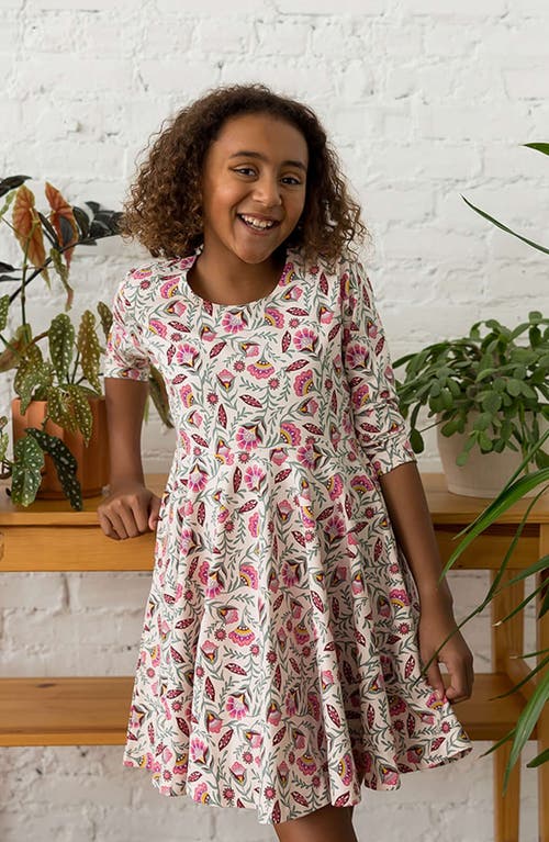 Mightly Organic Cotton 3/4 Sleeve Print Twirl Dress In Folk Floral