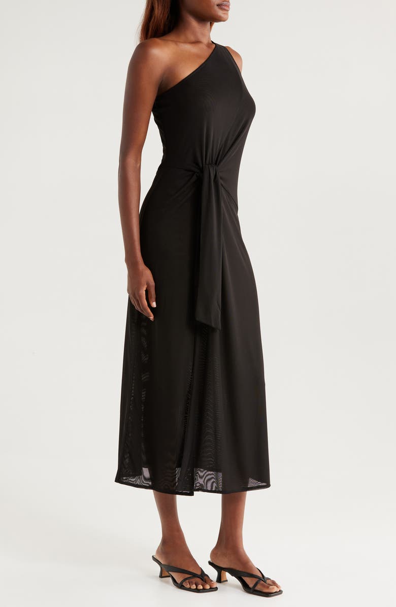 Elan One-Shoulder Knotted Mesh Cover-Up Dress, Alternate, color, Solid Black