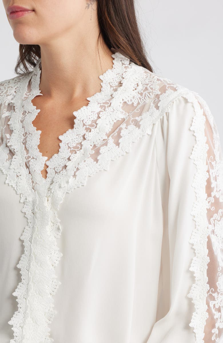 KOBI HALPERIN Miguel Lace Trim Silk Button-Up Shirt, Alternate, color, Ivory