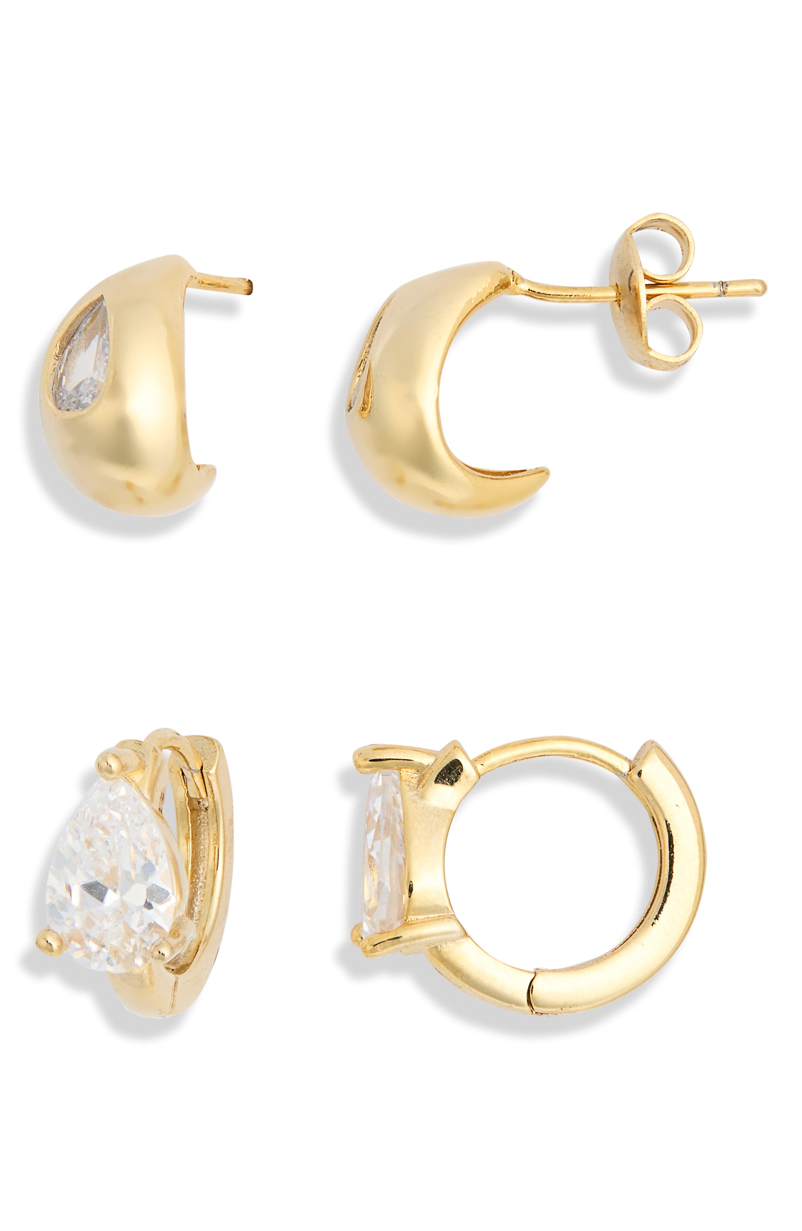 Set of 2 Cubic Zirconia Teardrop Stud & Huggie Hoop Earrings