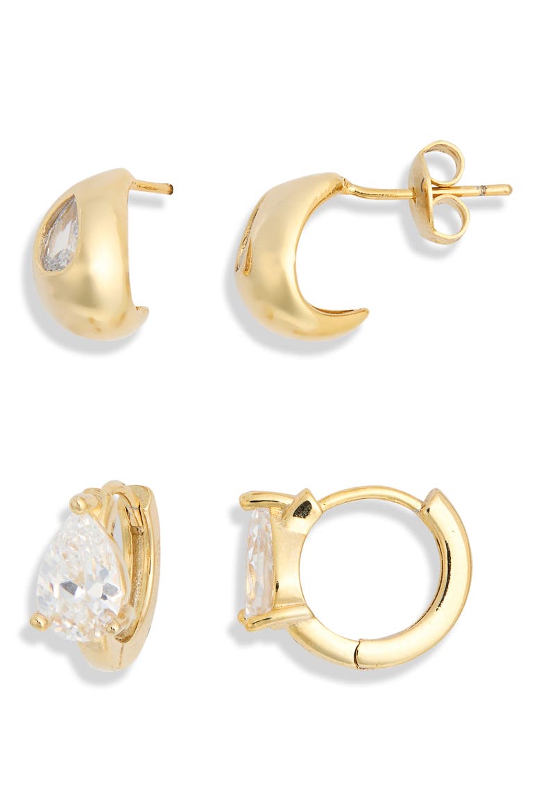Set of 2 Cubic Zirconia Teardrop Stud & Huggie Hoop Earrings, Main, color, CLEAR- GOLD