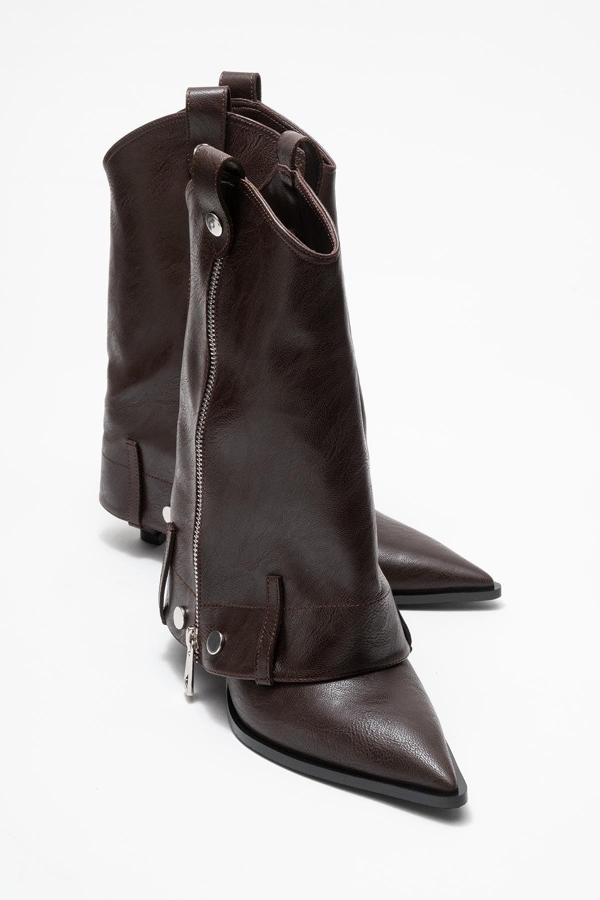 Lola Zip Pointed Toe Heel Boot, Alternate, color, Brown Faux Leather
