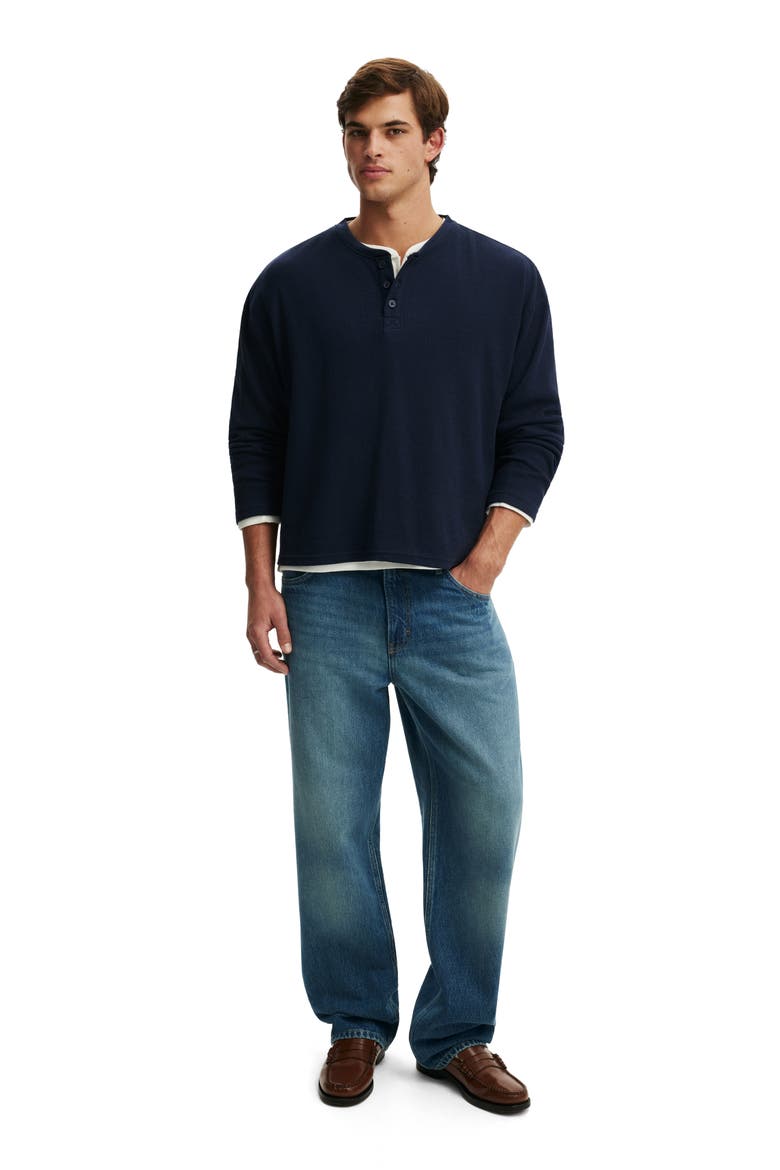 Men's Relaxed Fit Textured Henley Long Sleeve, Alternate, color, Vintage Navy Waffle