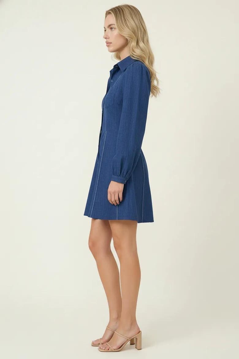 Long-Sleeve Denim Contrast-Stitching Flared-Hem Shirt Dress, Alternate, color, Blue