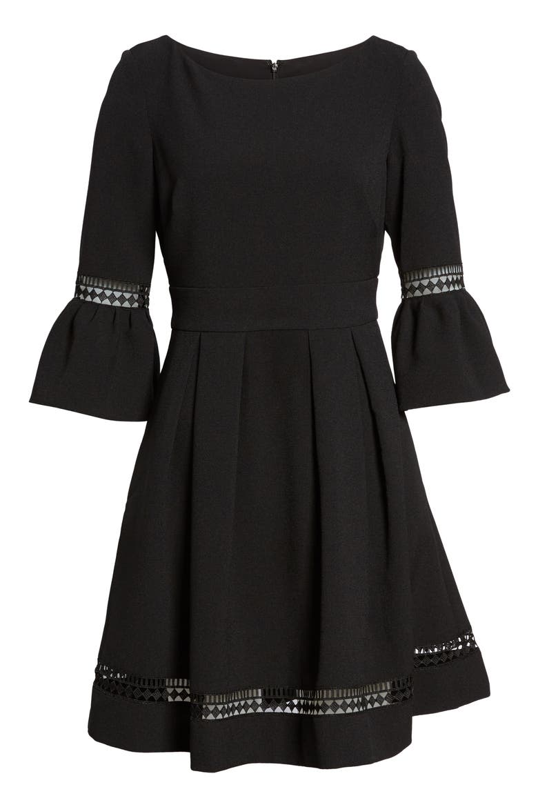 Bell Sleeve Lace Inset Fit & Flare Dress, Alternate, color, BLACK