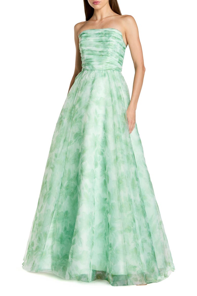 Women's Strapless Floral Chiffon Gown with Ruched Detail, Main, color, Sage Multi
