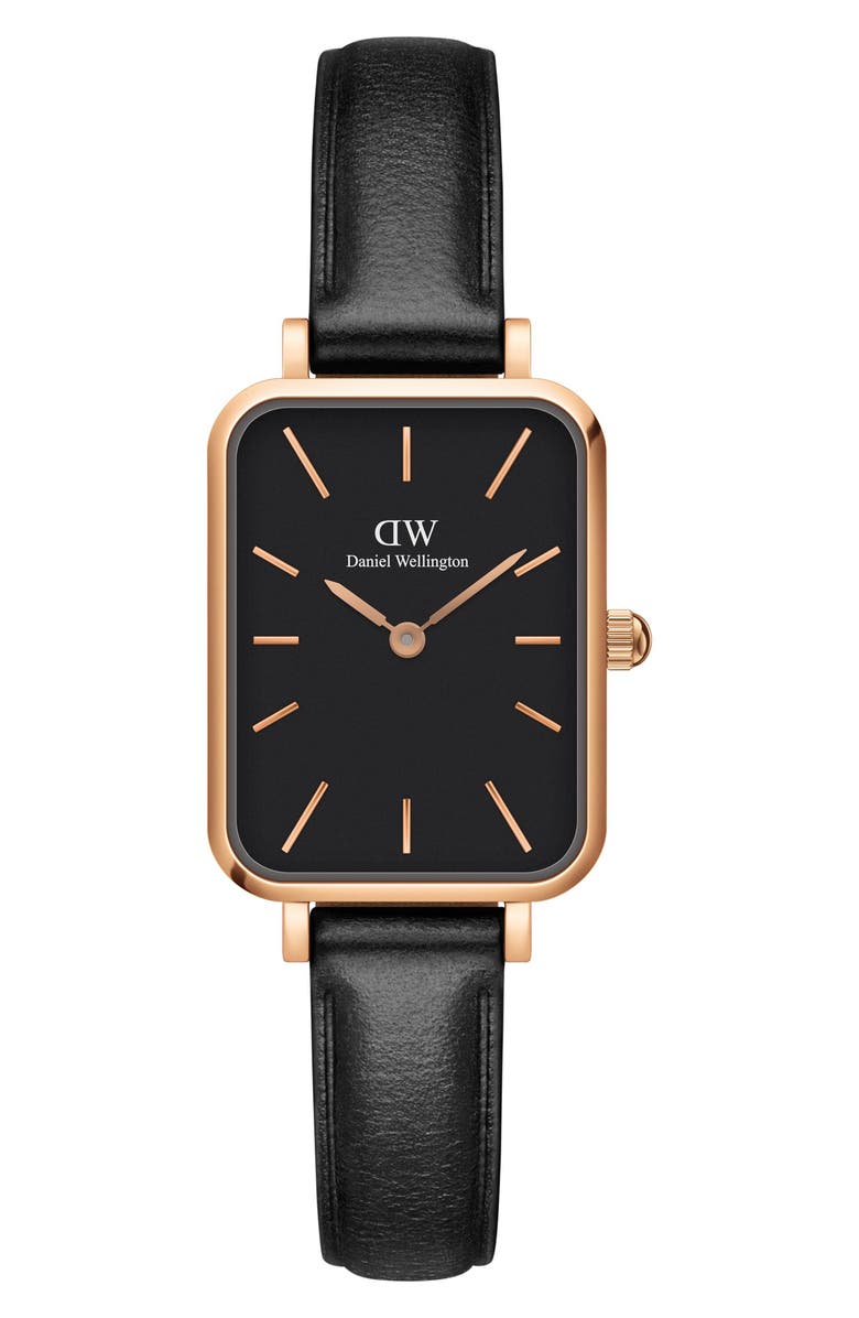 Daniel Wellington Quadro Sheffield Leather Strap Watch, 20mm x 26mm, Main, color, Rose Gold/Black