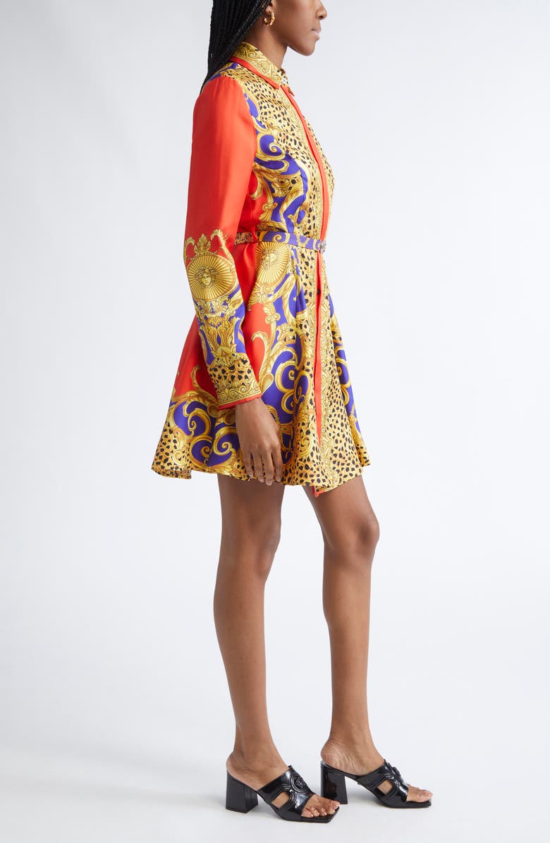 Versace Cheetah Barocco Print Belted Long Sleeve Silk Dress, Alternate, color, Scarle Ultramarine