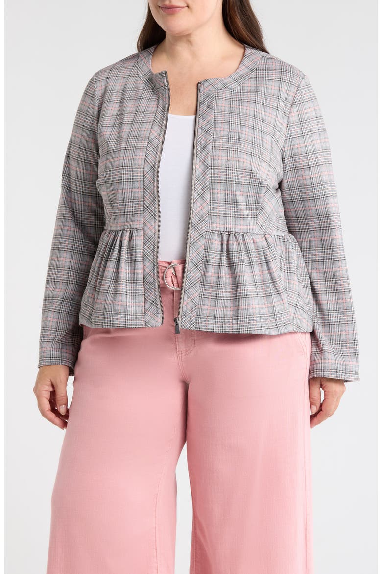 Plaid Peplum Zip Jacket, Main, color, GRY/ BLUSH PLAID