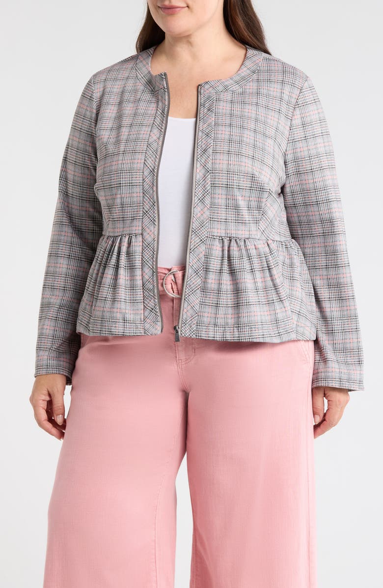 Liverpool Los Angeles Plaid Peplum Zip Jacket, Main, color, Gry/ Blush Plaid