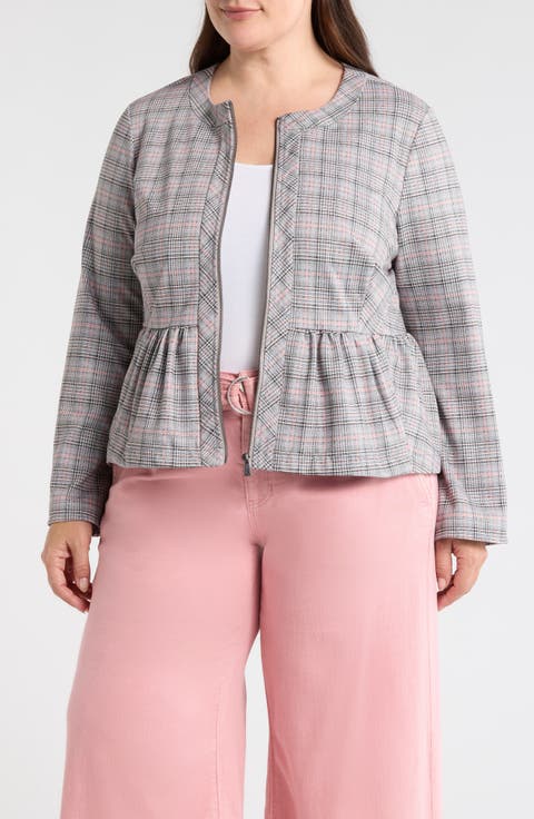 Plaid Peplum Zip Jacket (Plus)