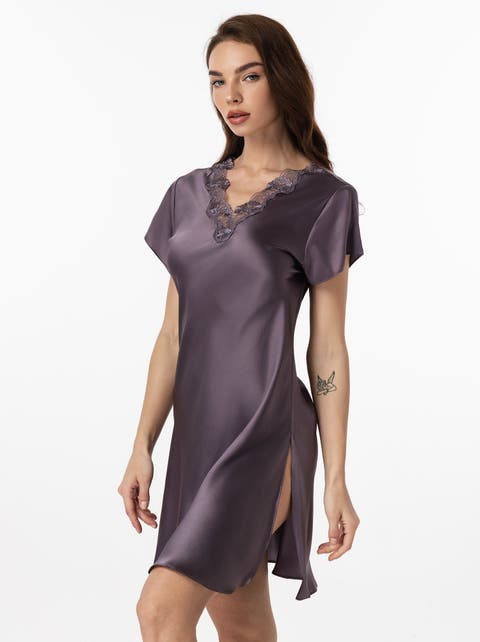 Pure Silk Lace Neck Split Hem Nightgown