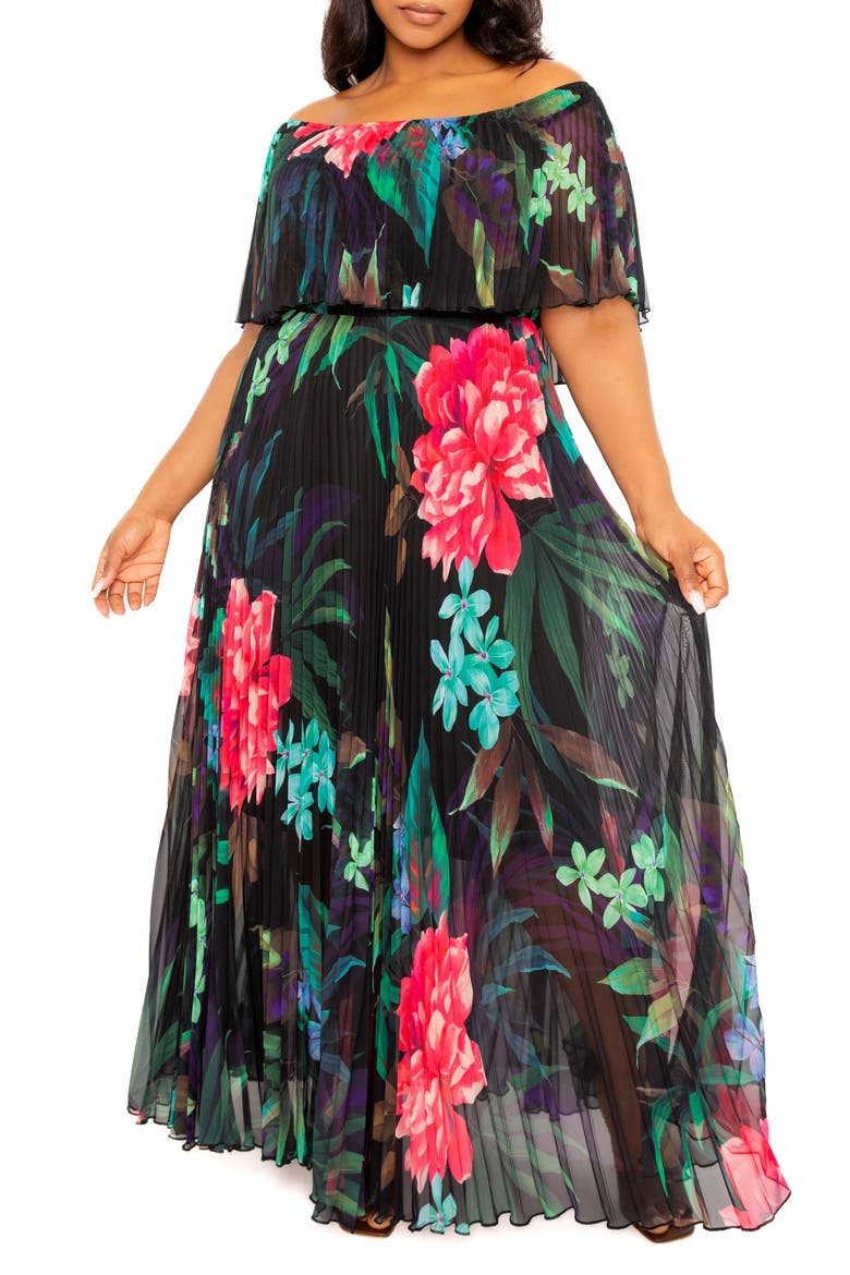 Floral Pleated Off the Shoulder Maxi Dress, Main, color, BLACK MULTI