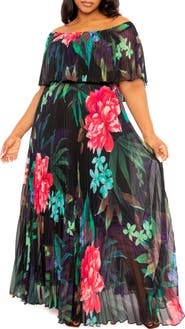 BUXOM COUTURE Floral Pleated Off the Shoulder Maxi Dress