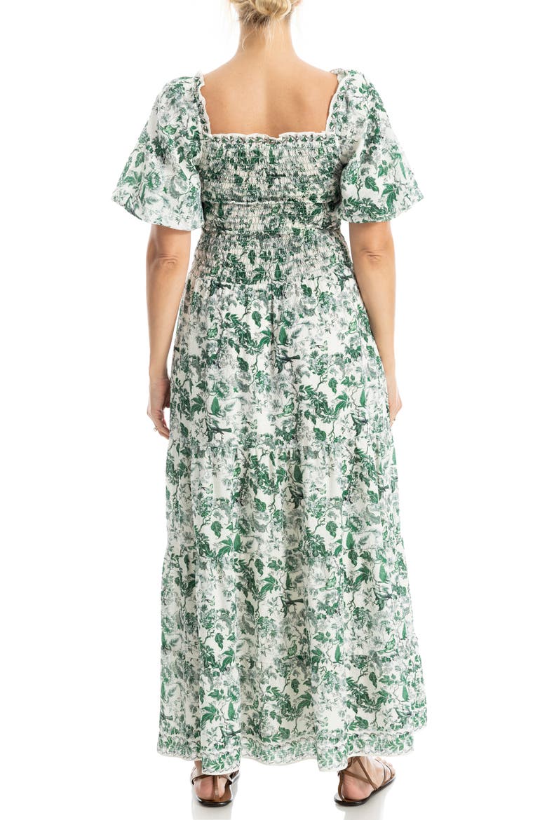 Print Smocked Puff Sleeve Maxi Dress, Alternate, color, CREAM/ GREEN LUSH GARDEN