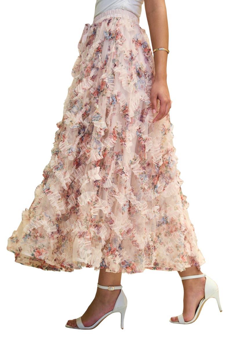 Floral Ruffle Mesh Midi Skirt, Main, color, Ivory