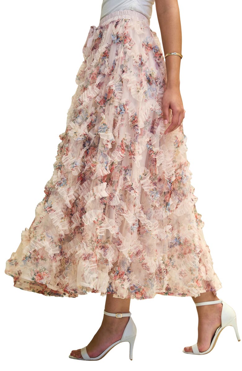 Yumi Floral Ruffle Mesh Midi Skirt, Main, color, Ivory