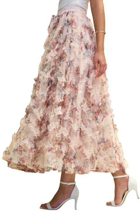 Floral Ruffle Mesh Midi Skirt
