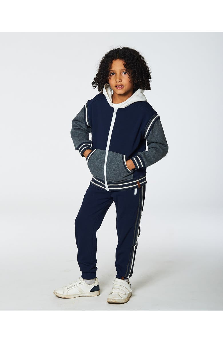 Deux par Deux Little Boy's Fleece Sweatpants With Contrast Side Rib Navy, Alternate, color, 