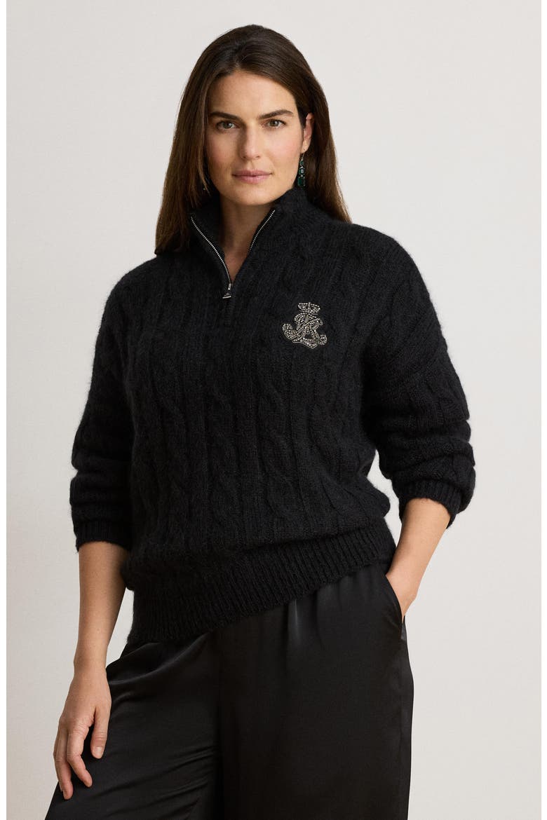 Cable Funnelneck Quarter Zip Sweater, Alternate, color, BLACK