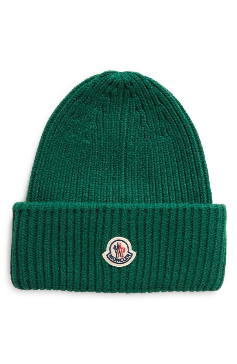 Moncler Bell Logo Patch Virgin Wool & Cashmere Beanie, Main, color, 