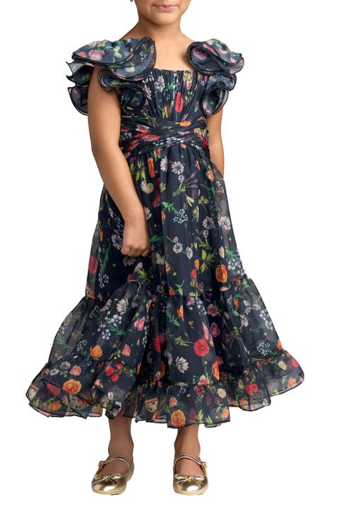 Girls Floral Chiffon Ruffle Sleeve Dress