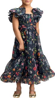Mac Duggal Girls Floral Chiffon Ruffle Sleeve Dress