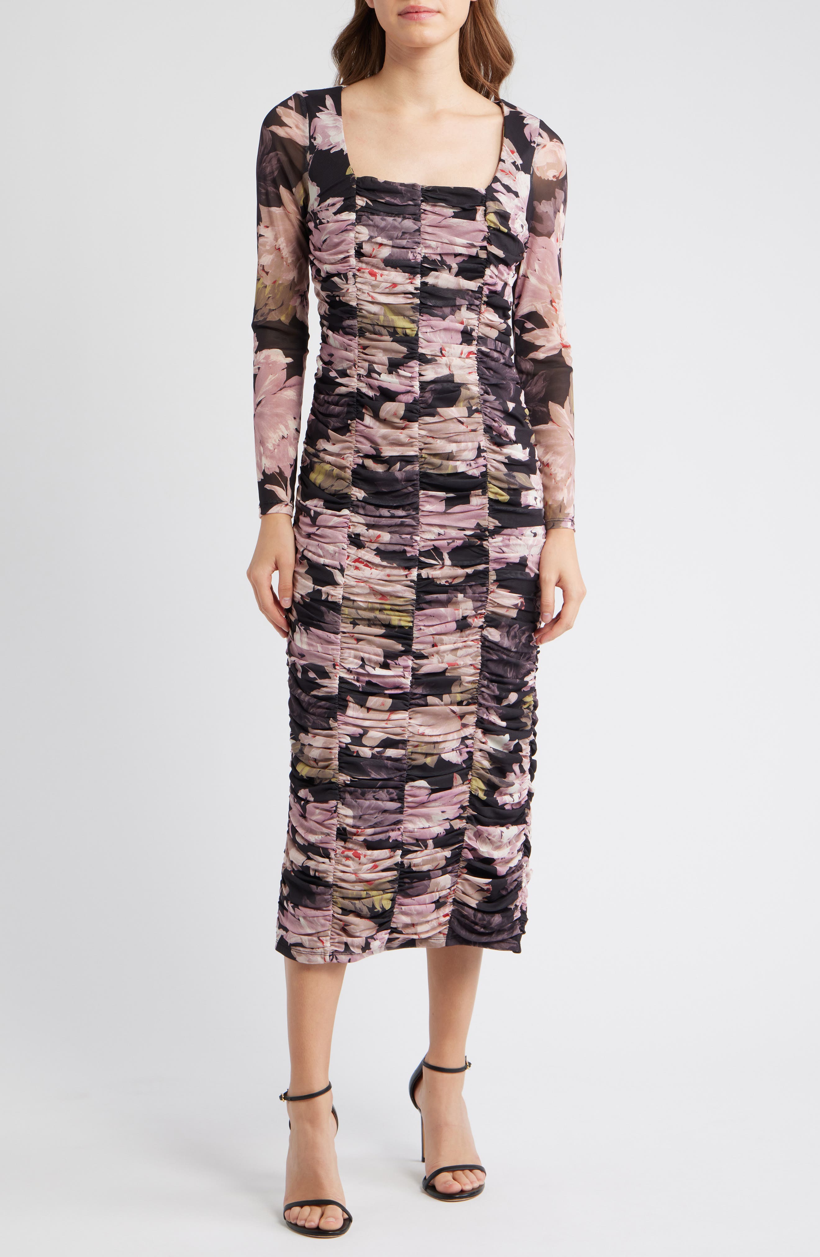 AK ANNE KLEIN Floral Long Sleeve Ruched Midi Dress
