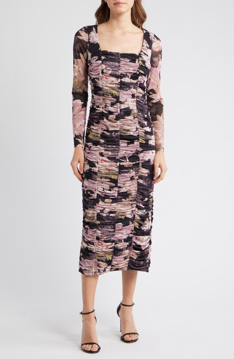 Anne Klein Floral Long Sleeve Ruched Midi Dress, Main, color, Anne Black Multi