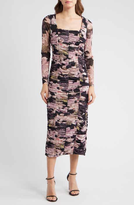 AK ANNE KLEIN Floral Long Sleeve Ruched Midi Dress