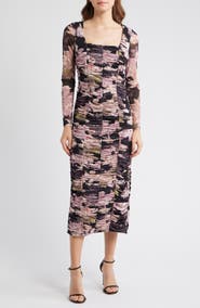 Anne Klein Floral Long Sleeve Ruched Midi Dress