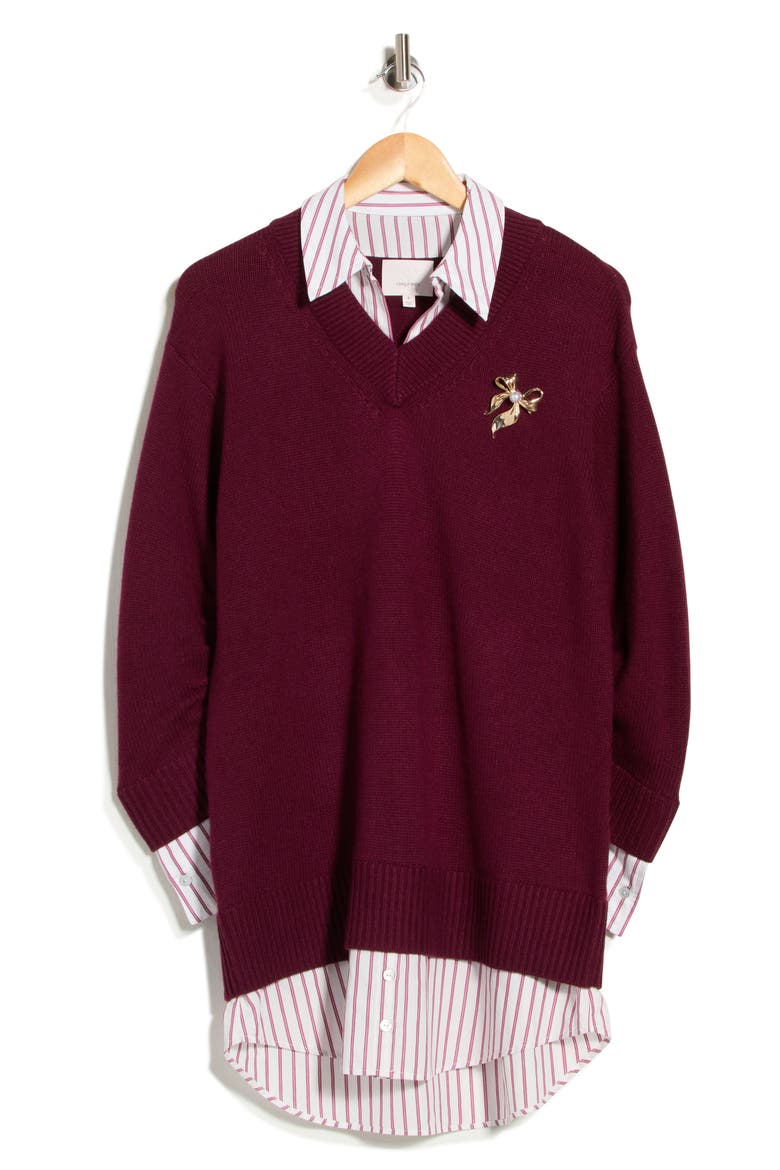 Santina Brooch Layered Sweater Dress, Alternate, color, BORDEAUX/ WINE STRIPE