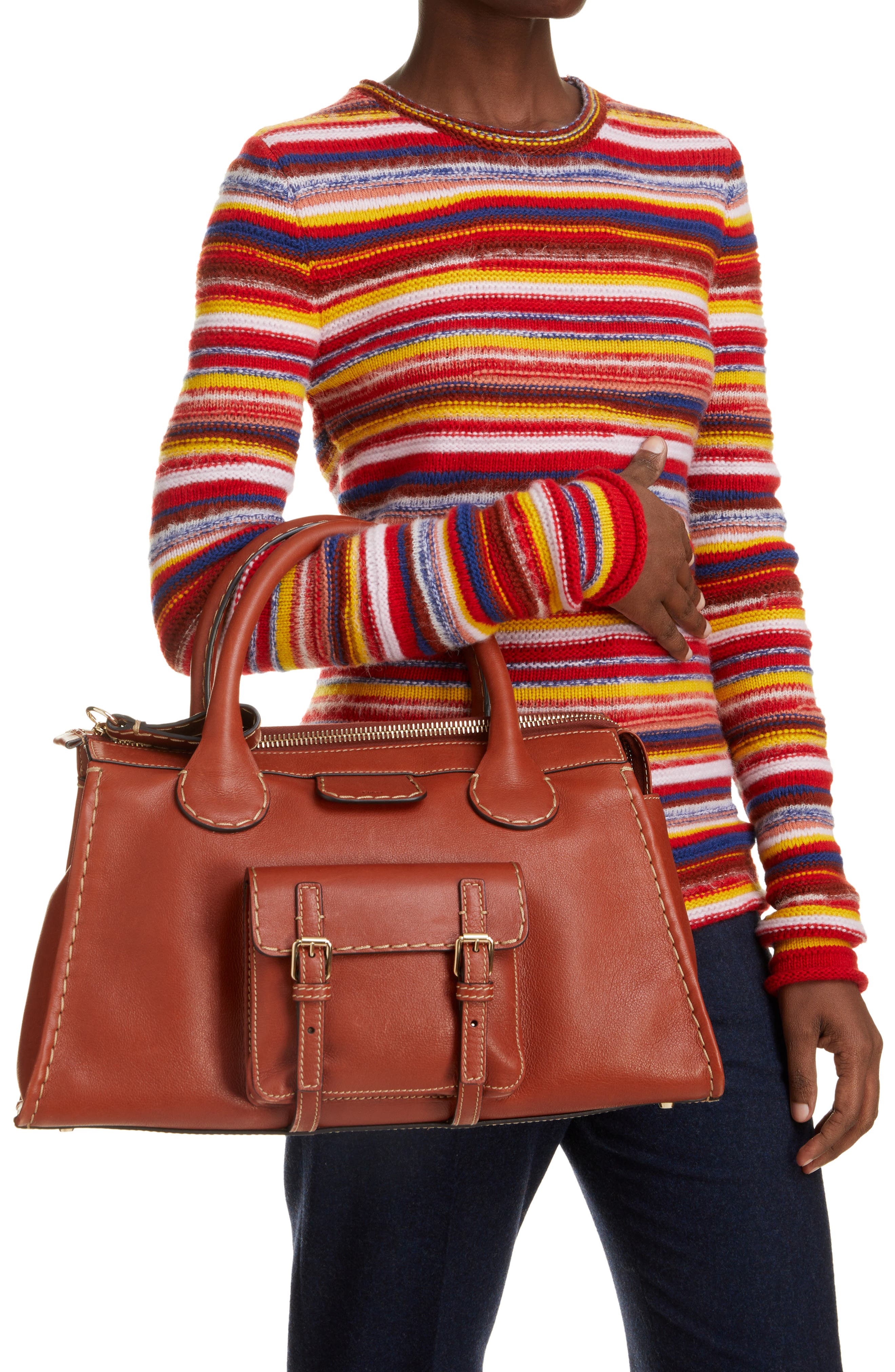 Medium Edith Leather Day Satchel, Alternate, color, SEPIA BROWN