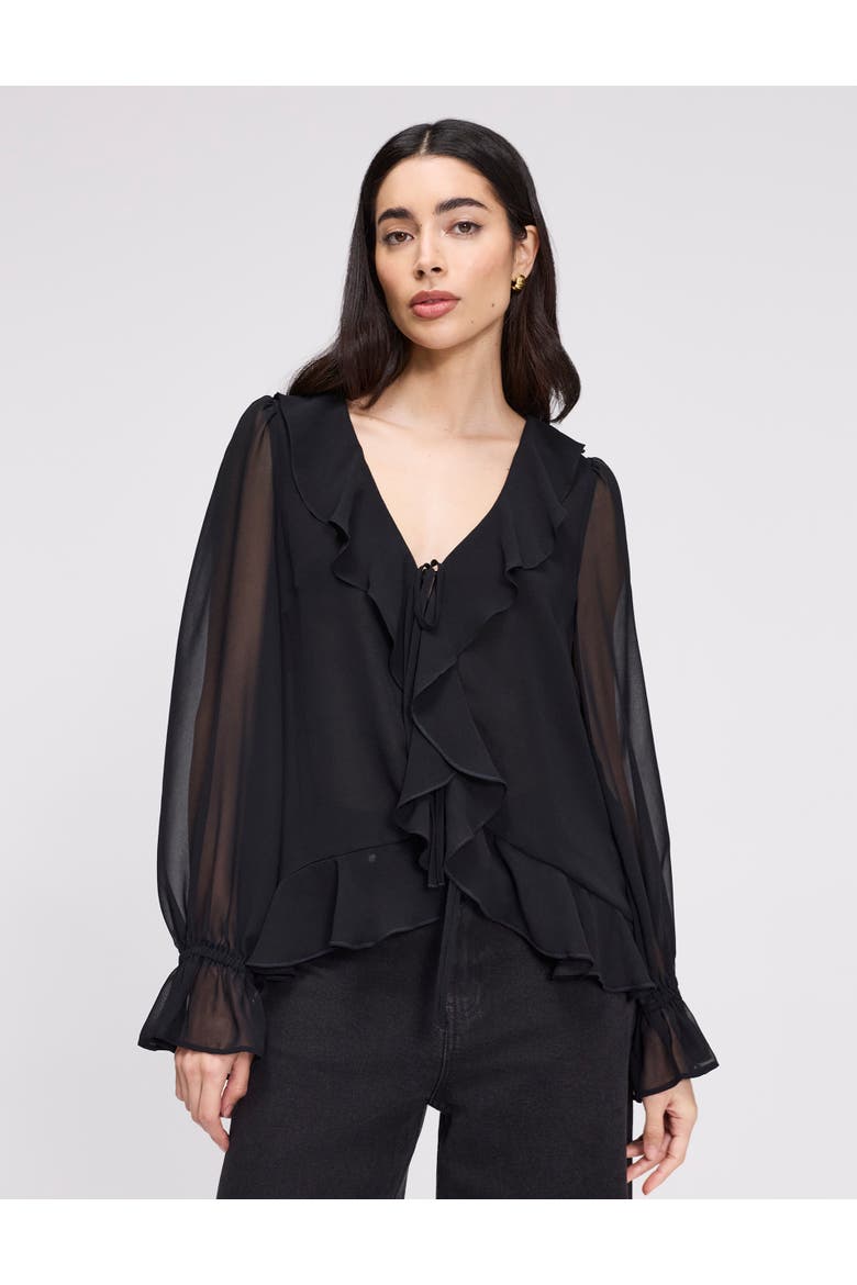 Jannelle Sheer Ruffle Detail Blouse, Main, color, Black